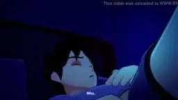 Succubus mit leuchtend grünen Augen beugt sich über dunkelhaariges Mädchen in blauem Schlafzimmer