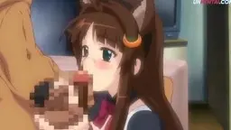 Großbusige Anime-Mädchen mit Katzenohren saugt hingebungsvoll einen riesigen Schwanz