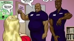 Blonde Cartoonfrau mit Zöpfen saugt gierig einen riesigen schwarzen Schwanz