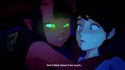 Meru die rote Succubus mit leuchtend grünen Augen beißt sich auf die Lippe und blickt den Zuschauer dominant an