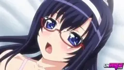 Brille tragende Hentai-Schülerin mit großen blauen Augen und offenem Mund vor Lust