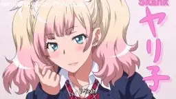 Nahaufnahme eines wunderschönen Hentai-Mädchens mit lila Auge, das frech zwinkert während ein dicker Schwanz tief in ihren Mund eindringt