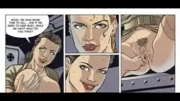 Nackte Brünette wird von hinten im Bett genommen, während sie mit offenem Mund stöhnt, Comic-Stil mit Sprechblasen