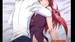 Rothaarige Anime-Frau mit offenem Mund wird von Typ mit grünem Haar im Schlafzimmer geküsst und begrapscht